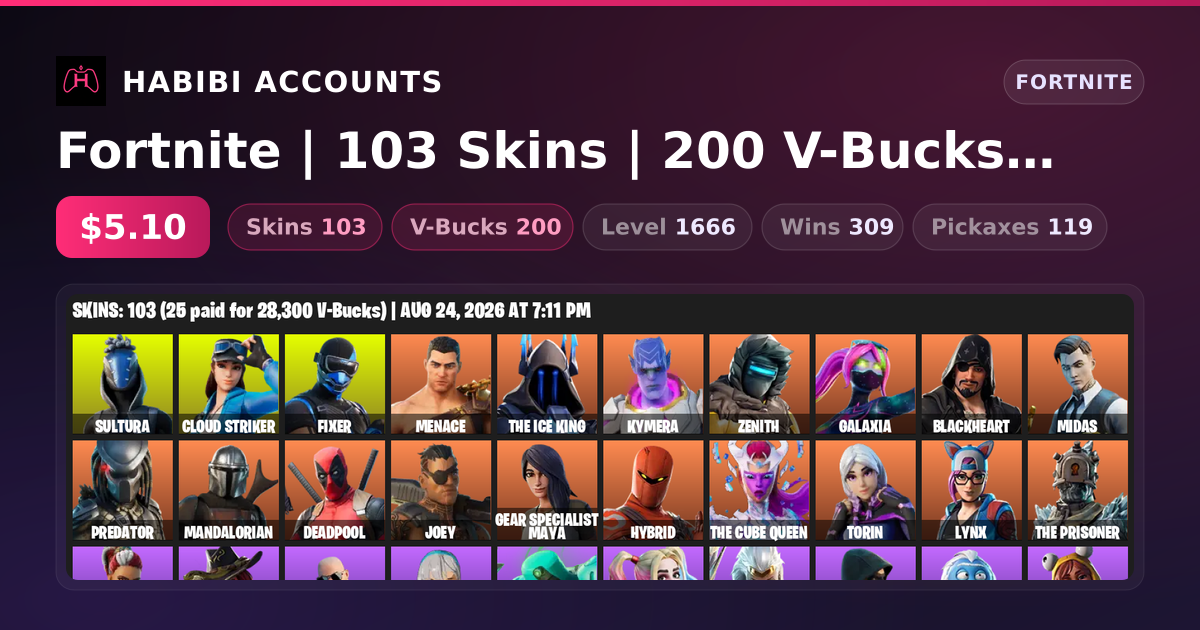 Fortnite | 103 Skins | 200 V-Bucks | Level 1666 | 309 Wins — HabibiAccounts