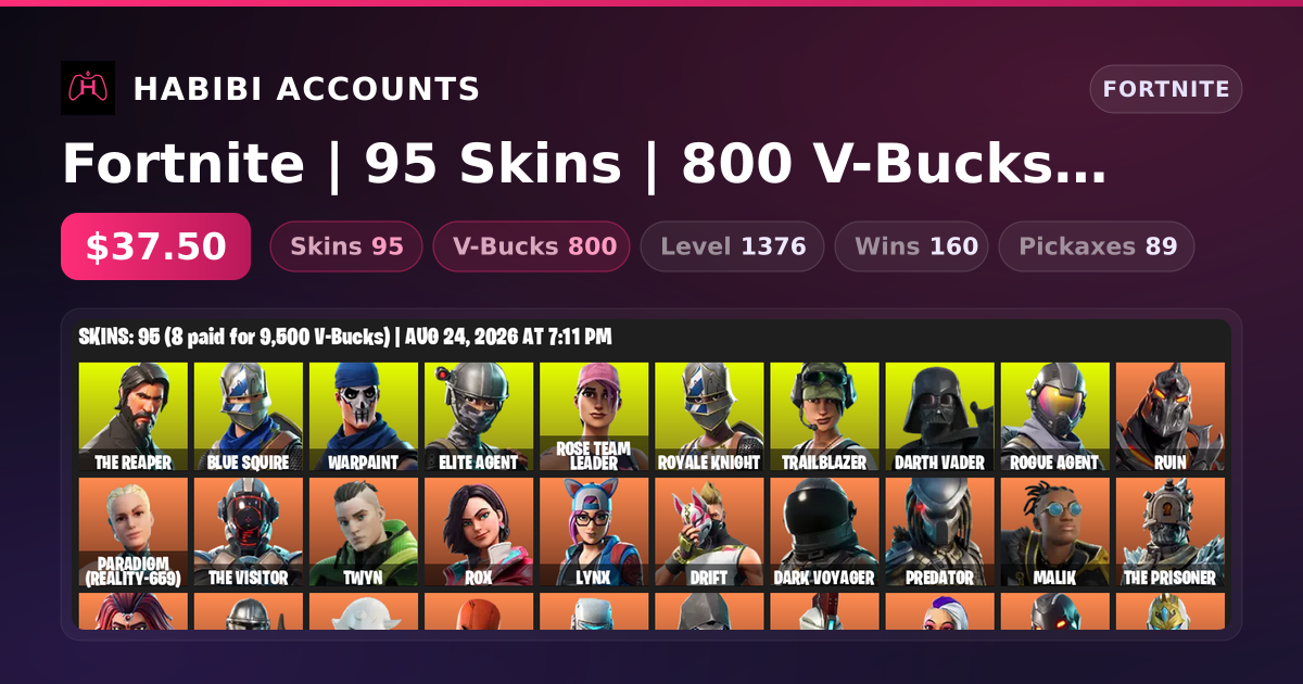 Fortnite | 95 Skins | 800 V-Bucks | Level 1376 | 160 Wins — HabibiAccounts