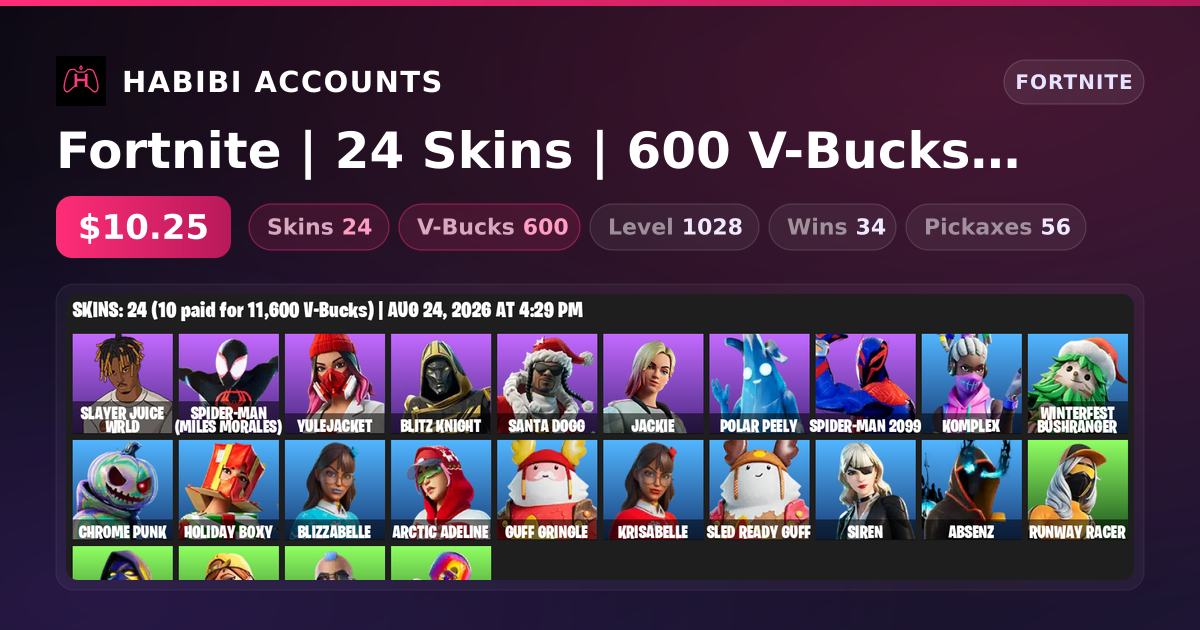 Fortnite | 24 Skins | 600 V-Bucks | Level 1028 | 34 Wins — HabibiAccounts