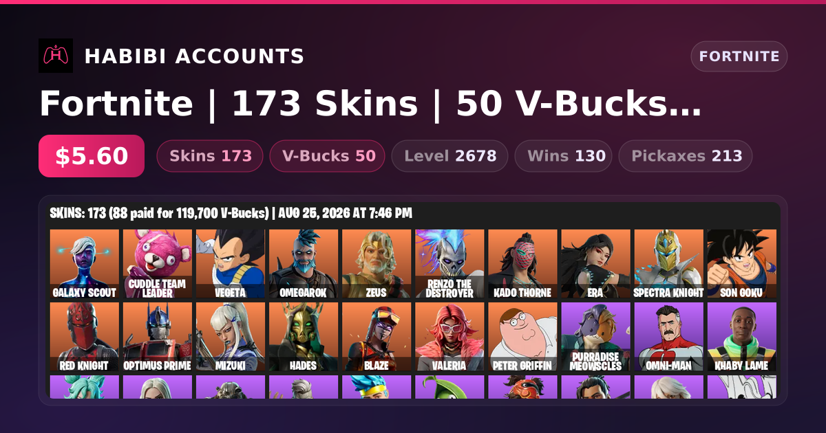 Fortnite | 173 Skins | 50 V-Bucks | Level 2678 | 130 Wins — HabibiAccounts