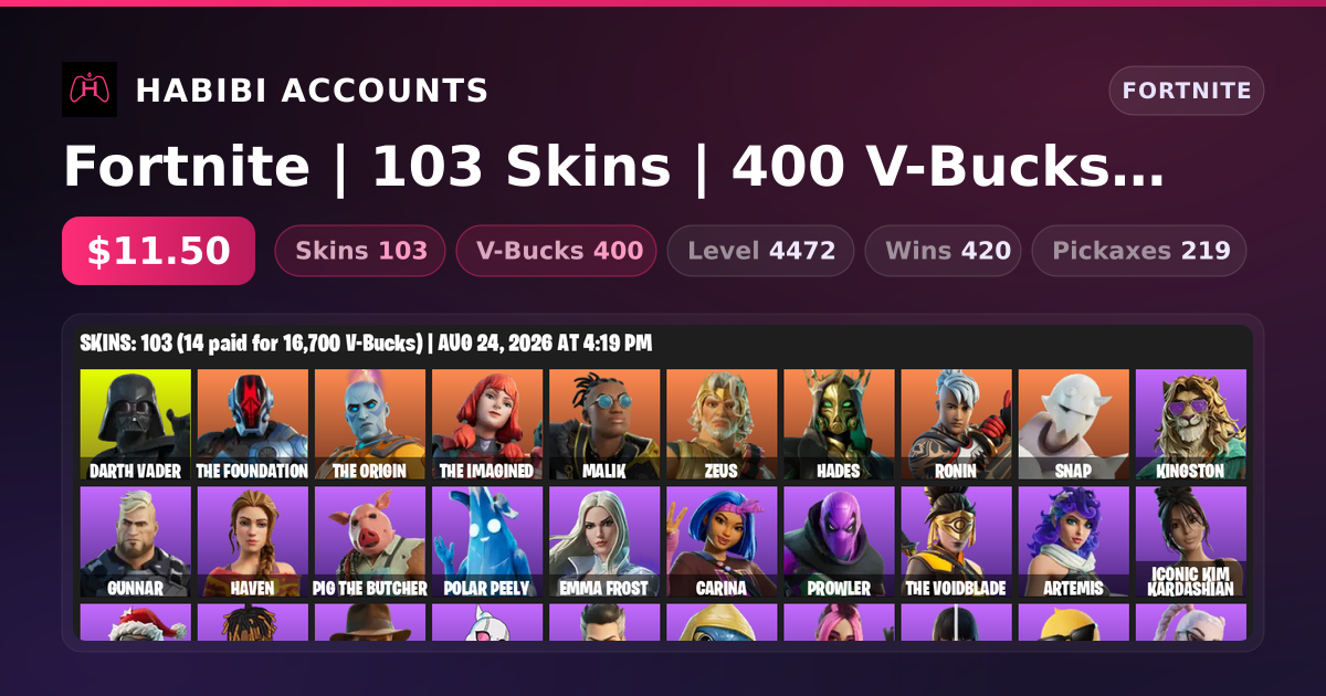 Fortnite | 103 Skins | 400 V-Bucks | Level 4472 | 420 Wins — HabibiAccounts