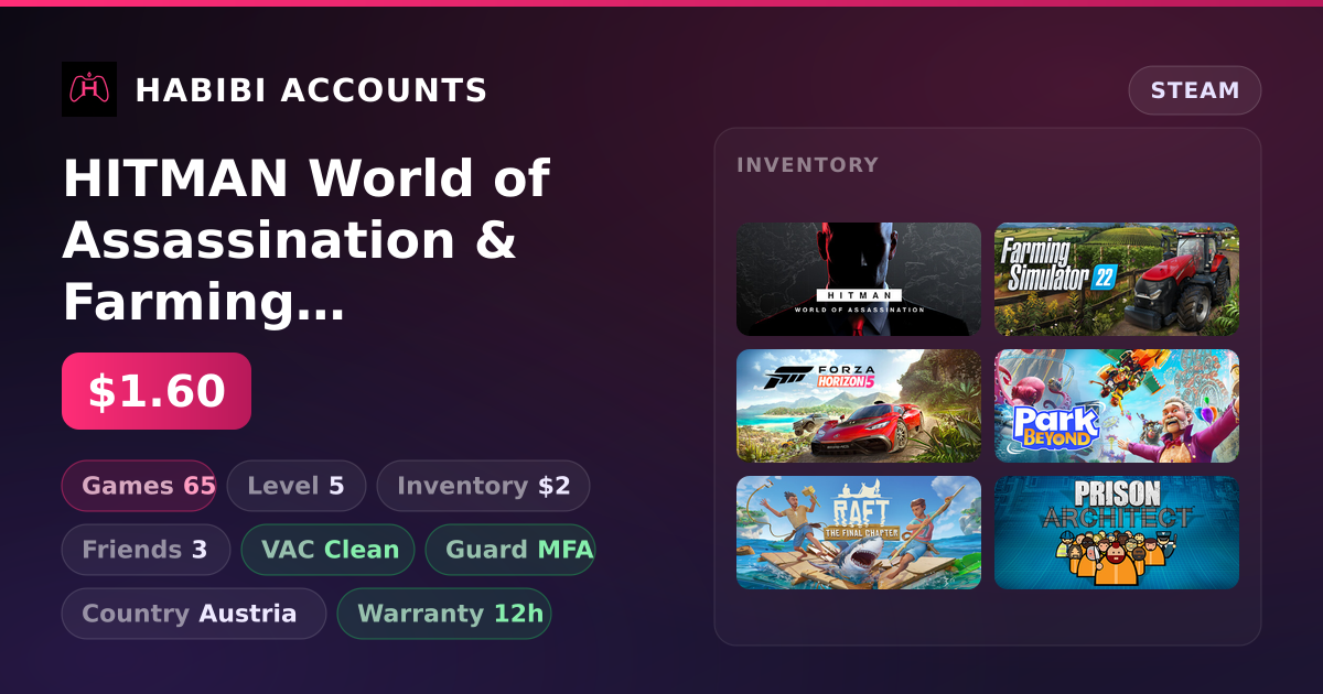 HITMAN World of Assassination & Farming Simulator 22 | 65 Games | Clean — HabibiAccounts