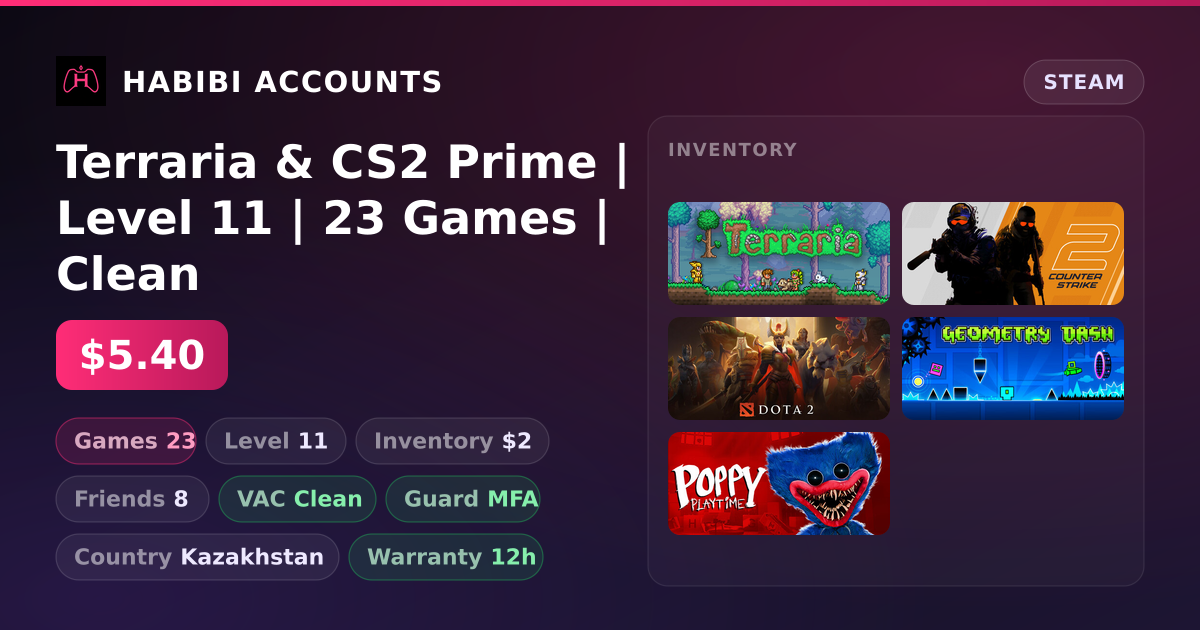 Terraria & CS2 Prime | Level 11 | 23 Games | Clean — HabibiAccounts