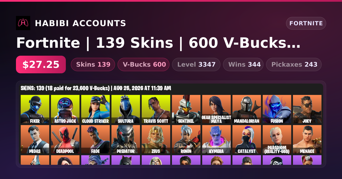 Fortnite | 139 Skins | 600 V-Bucks | Level 3347 | 344 Wins — HabibiAccounts
