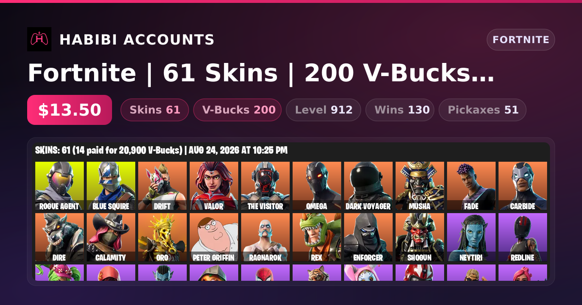 Fortnite | 61 Skins | 200 V-Bucks | Level 912 | 130 Wins — HabibiAccounts