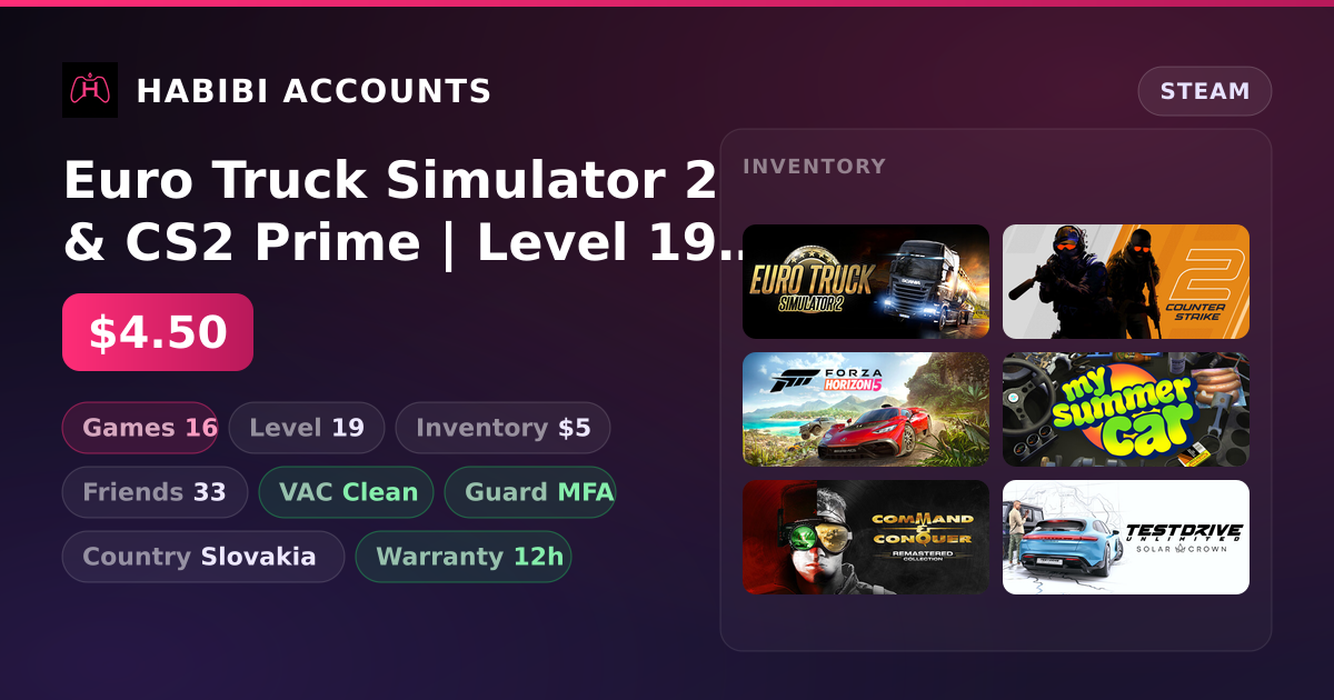 Euro Truck Simulator 2 & CS2 Prime | Level 19 | 16 Games | Clean — HabibiAccounts