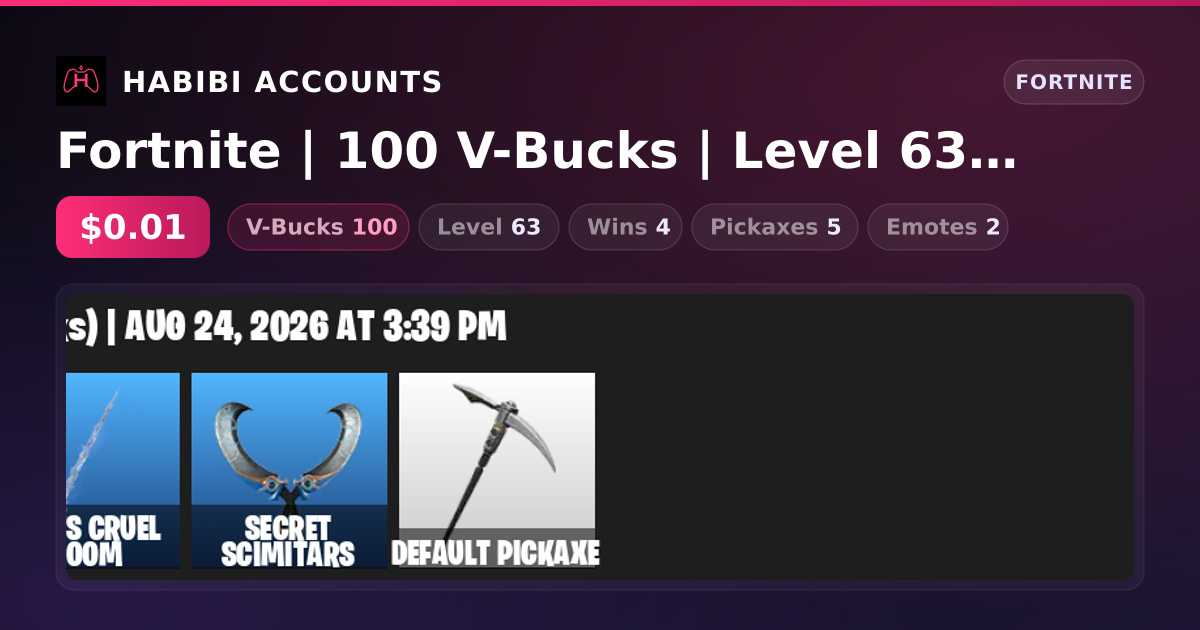 Fortnite | 100 V-Bucks | Level 63 | 4 Wins — HabibiAccounts