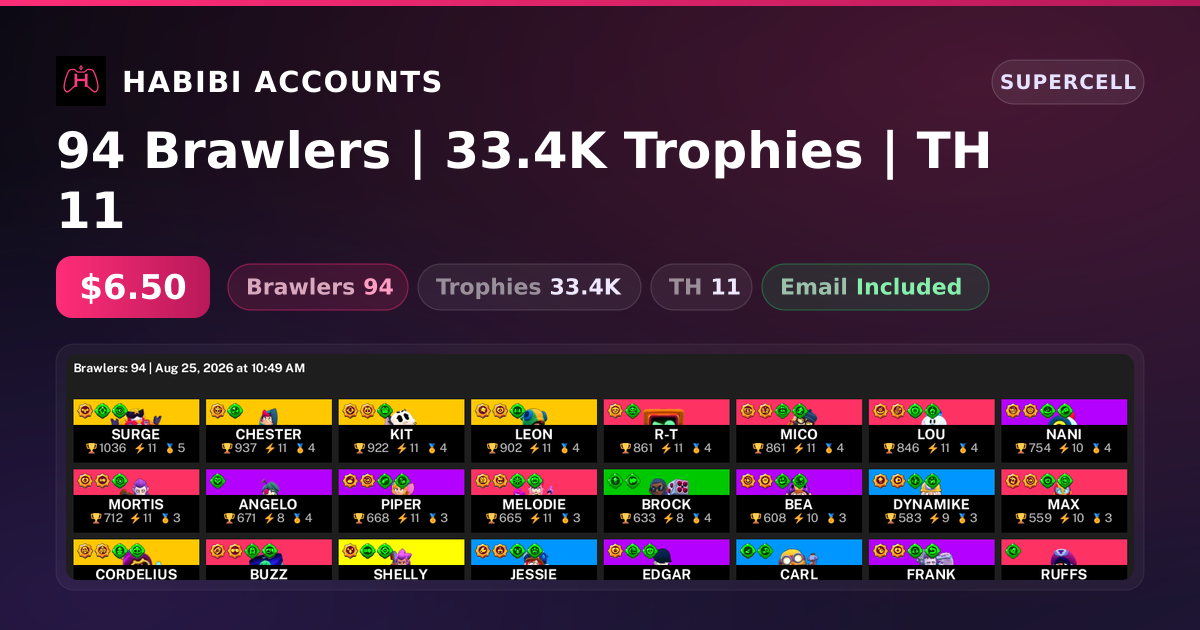 94 Brawlers | 33.4K Trophies | TH 11 — HabibiAccounts