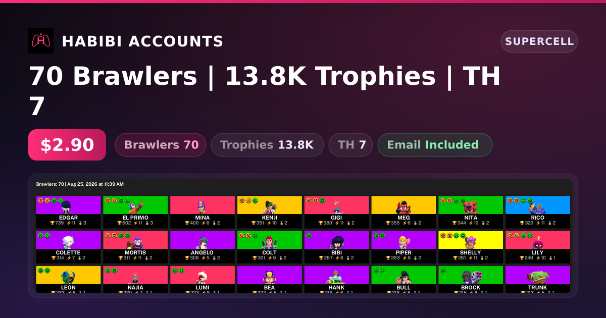 70 Brawlers | 13.8K Trophies | TH 7 — HabibiAccounts