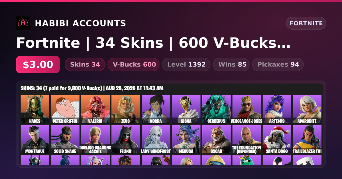 Fortnite | 34 Skins | 600 V-Bucks | Level 1392 | 85 Wins — HabibiAccounts