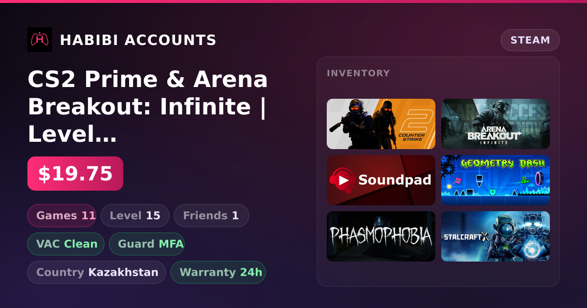 CS2 Prime & Arena Breakout: Infinite | Level 15 | 11 Games | Clean
