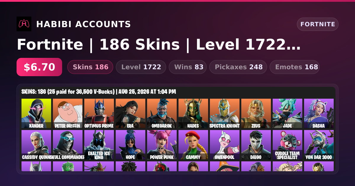 Fortnite | 186 Skins | Level 1722 | 83 Wins — HabibiAccounts