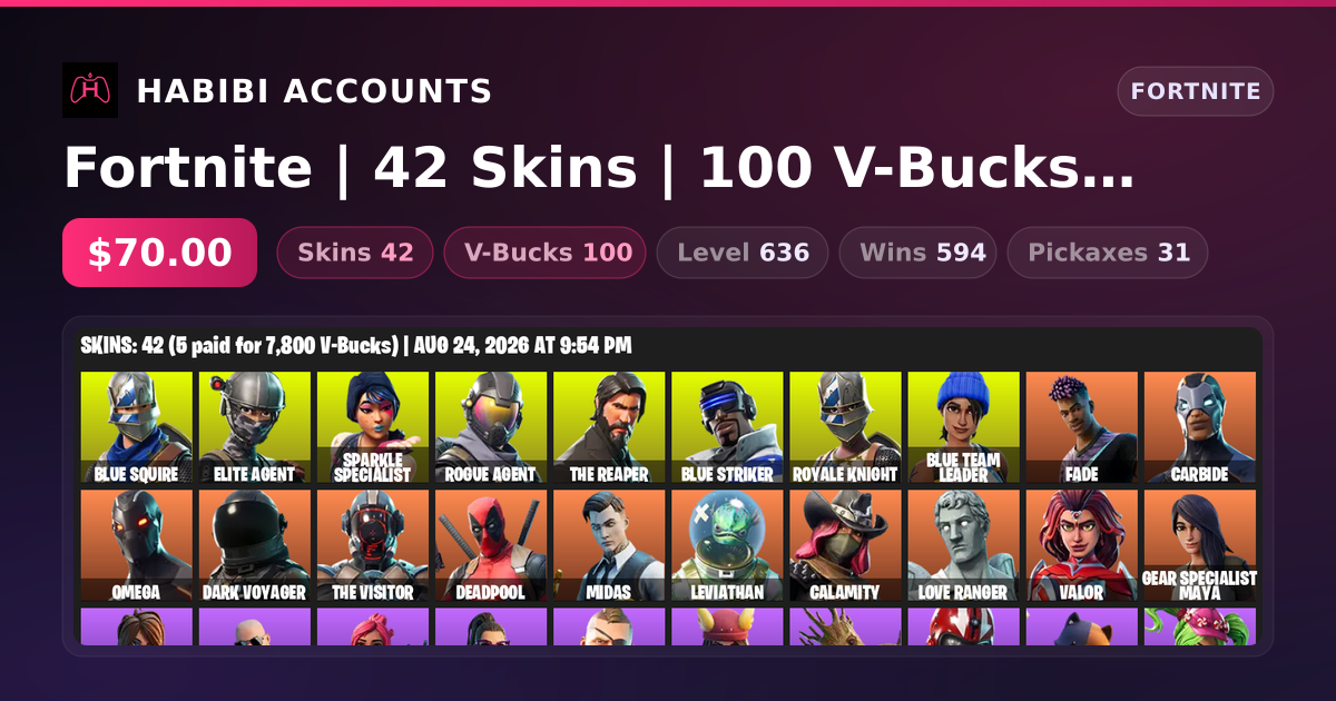 Fortnite | 42 Skins | 100 V-Bucks | Level 636 | 594 Wins — HabibiAccounts