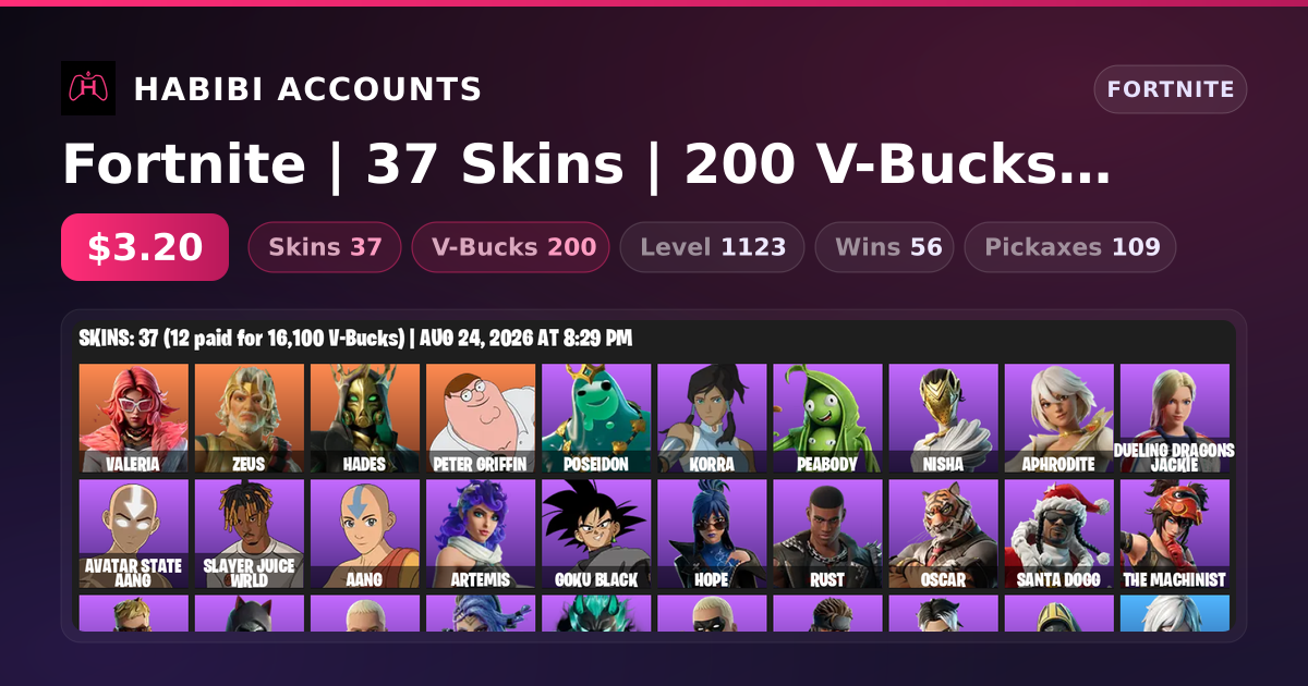 Fortnite | 37 Skins | 200 V-Bucks | Level 1123 | 56 Wins — HabibiAccounts