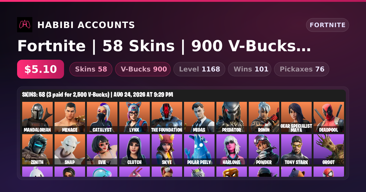 Fortnite | 58 Skins | 900 V-Bucks | Level 1168 | 101 Wins — HabibiAccounts