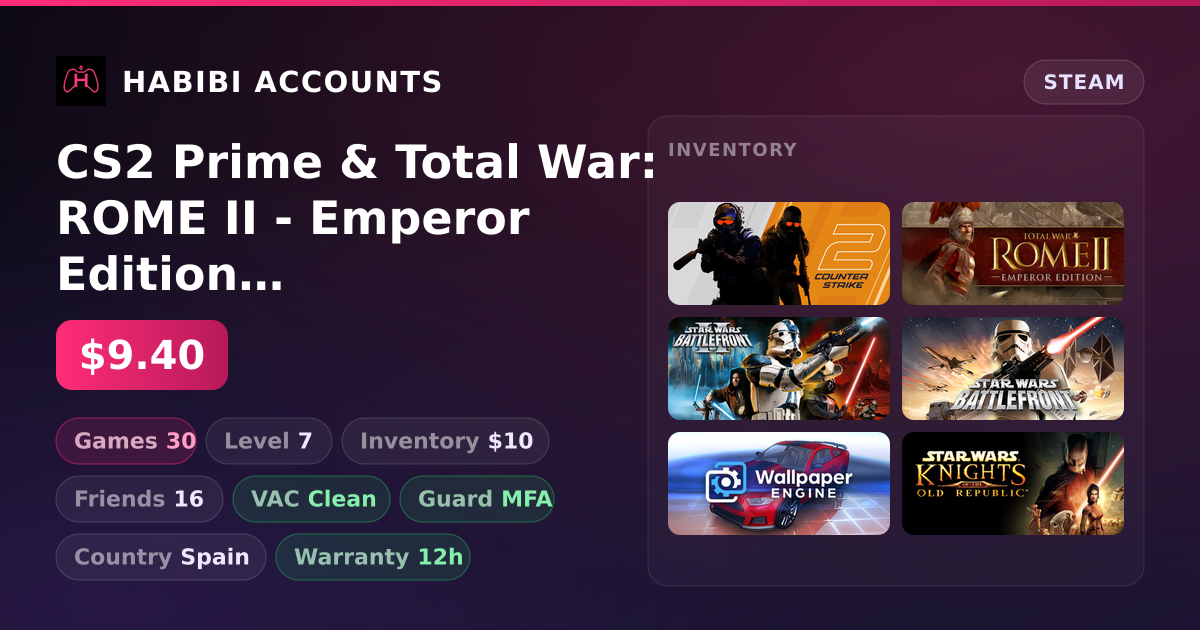 CS2 Prime & Total War: ROME II - Emperor Edition | 30 Games | Clean