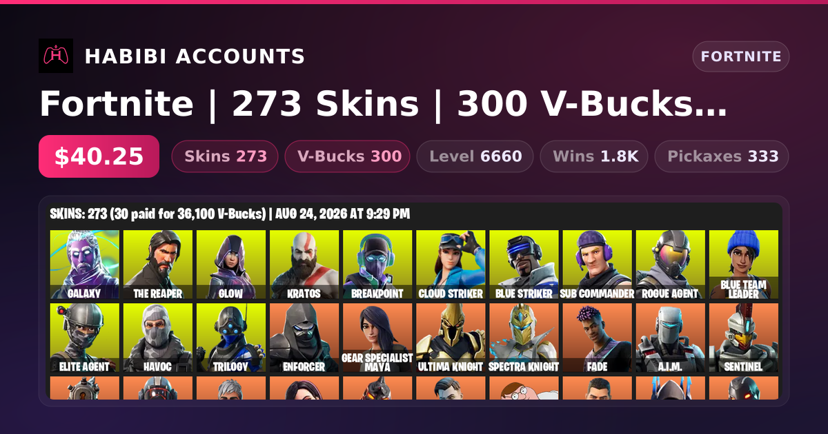 Fortnite | 273 Skins | 300 V-Bucks | Level 6660 | 1.8K Wins — HabibiAccounts