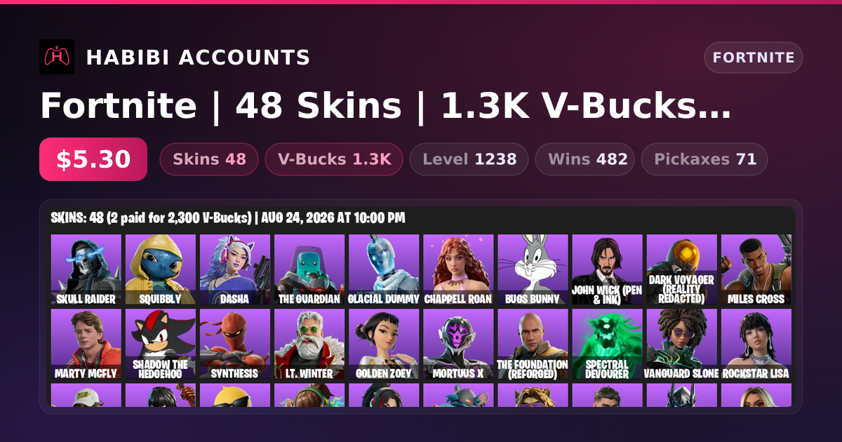 Fortnite | 48 Skins | 1.3K V-Bucks | Level 1238 | 482 Wins — HabibiAccounts