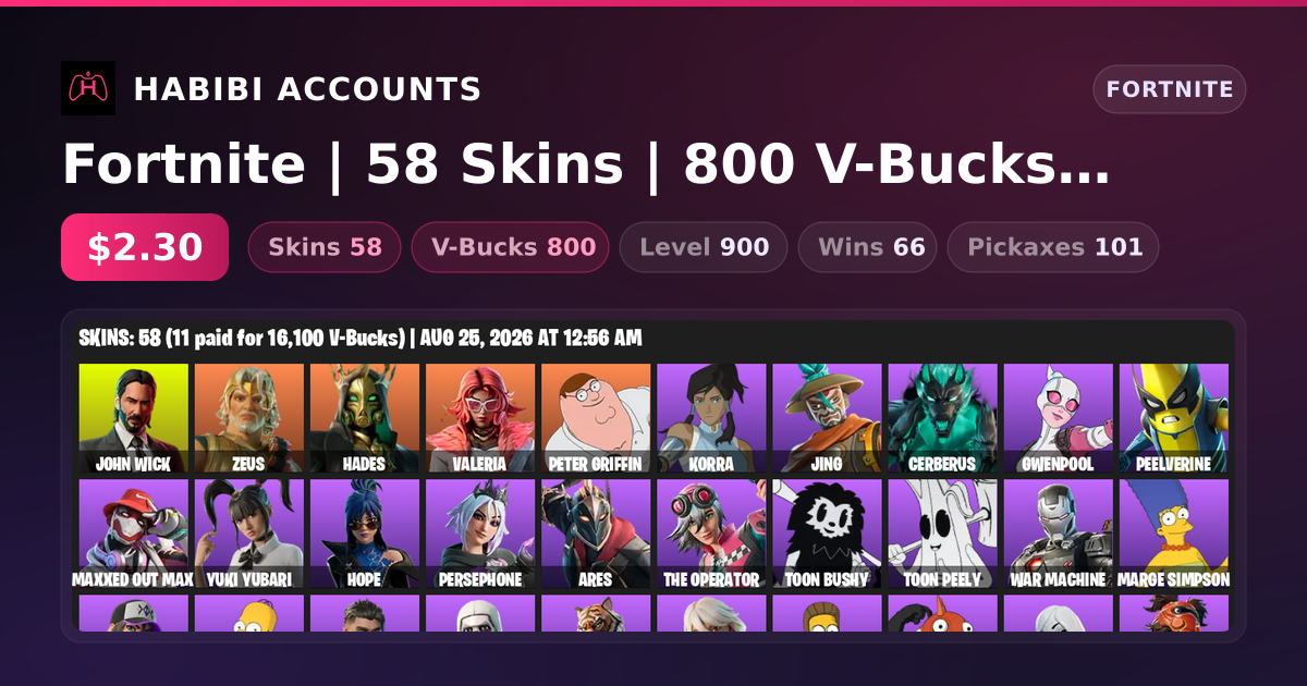 Fortnite | 58 Skins | 800 V-Bucks | Level 900 | 66 Wins — HabibiAccounts