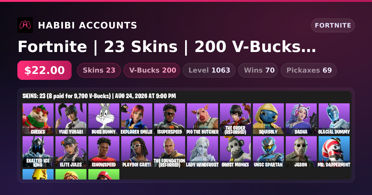 Fortnite | 23 Skins | 200 V-Bucks | Level 1063 | 70 Wins — HabibiAccounts