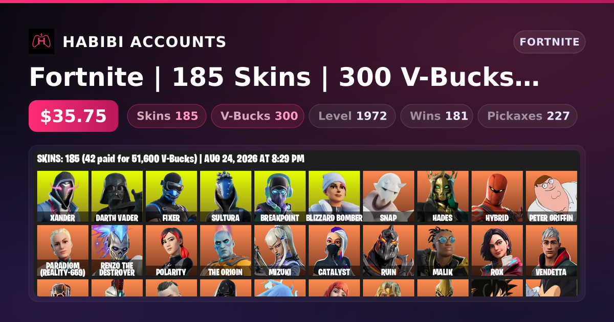 Fortnite | 185 Skins | 300 V-Bucks | Level 1972 | 181 Wins — HabibiAccounts