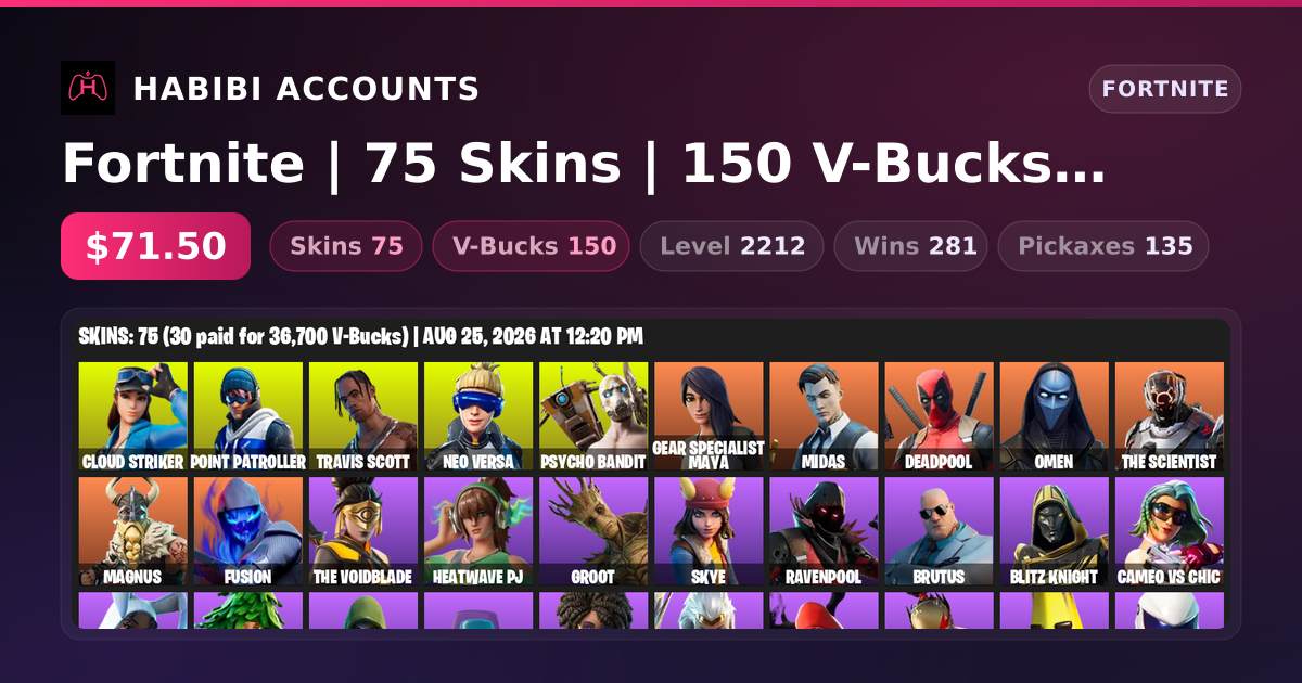 Fortnite | 75 Skins | 150 V-Bucks | Level 2212 | 281 Wins — HabibiAccounts