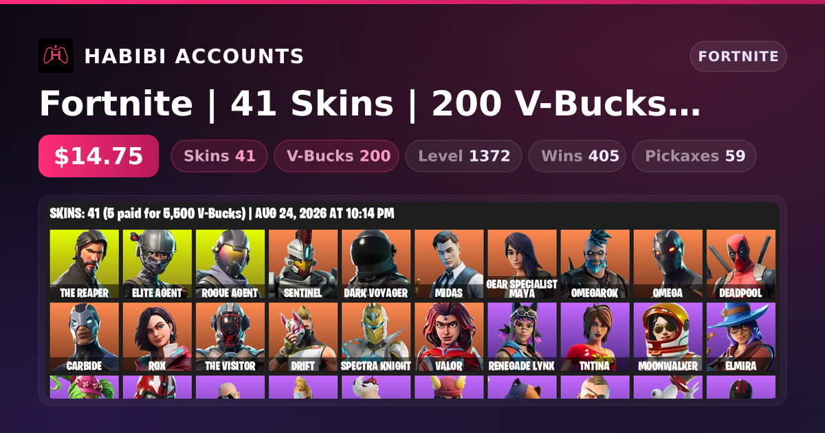 Fortnite | 41 Skins | 200 V-Bucks | Level 1372 | 405 Wins