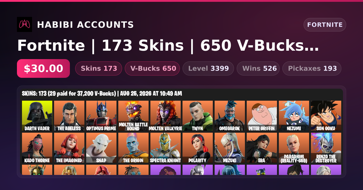 Fortnite | 173 Skins | 650 V-Bucks | Level 3399 | 526 Wins — HabibiAccounts