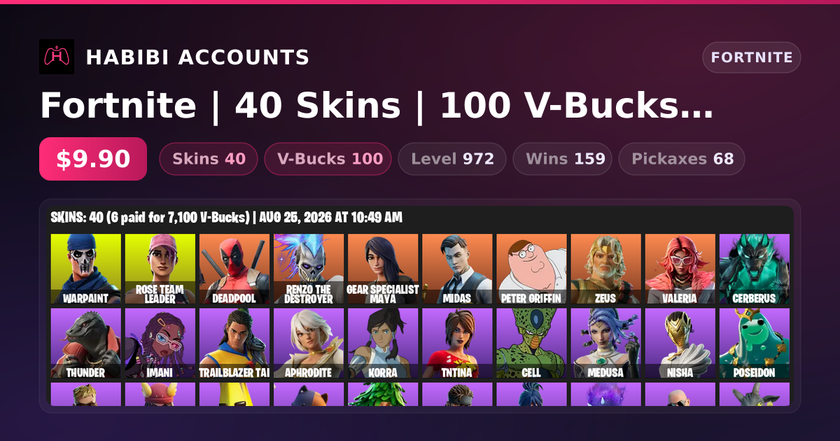 Fortnite | 40 Skins | 100 V-Bucks | Level 972 | 159 Wins — HabibiAccounts