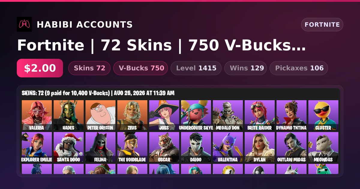 Fortnite | 72 Skins | 750 V-Bucks | Level 1415 | 129 Wins — HabibiAccounts