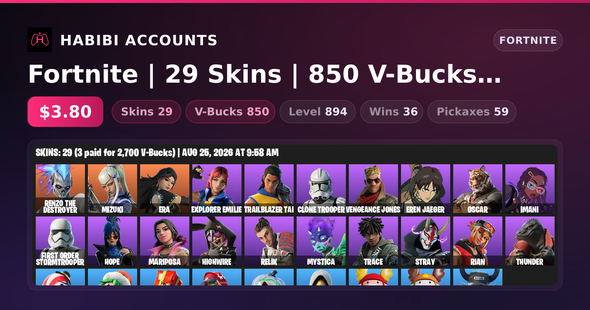 Fortnite | 29 Skins | 850 V-Bucks | Level 894 | 36 Wins — HabibiAccounts