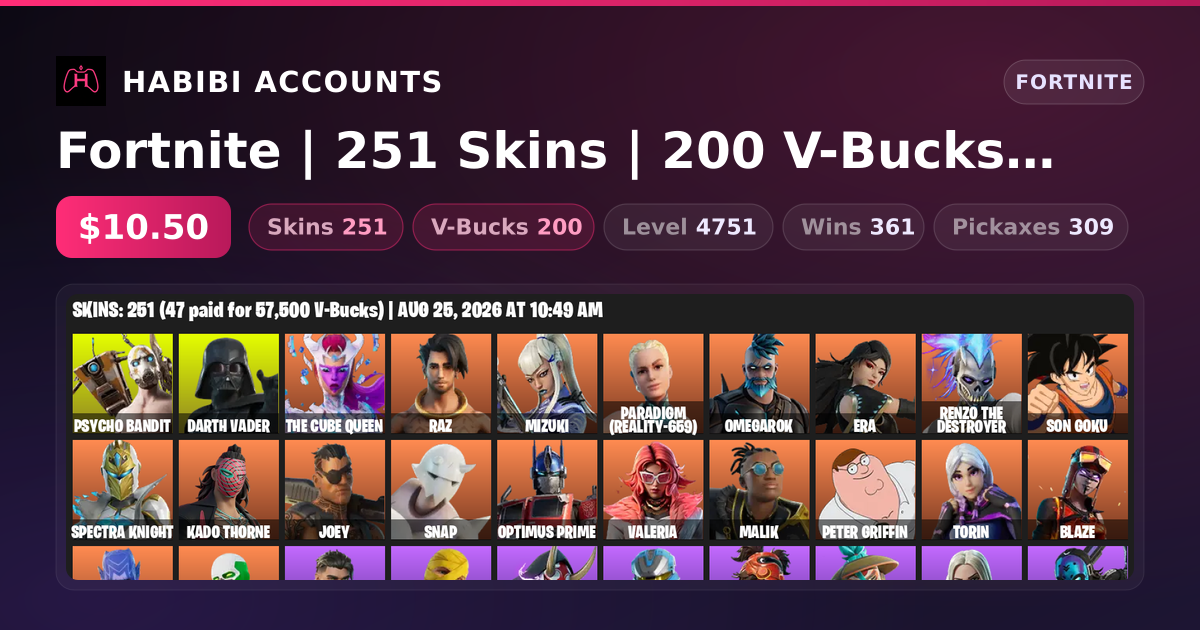Fortnite | 251 Skins | 200 V-Bucks | Level 4751 | 361 Wins — HabibiAccounts
