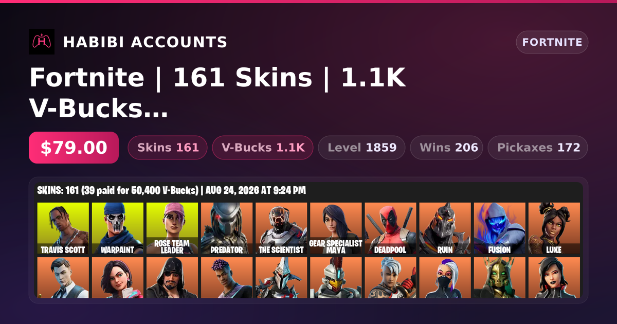 Fortnite | 161 Skins | 1.1K V-Bucks | Level 1859 | 206 Wins — HabibiAccounts