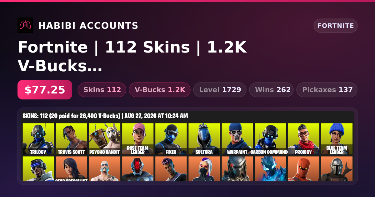 Fortnite | 112 Skins | 1.2K V-Bucks | Level 1729 | 262 Wins — HabibiAccounts