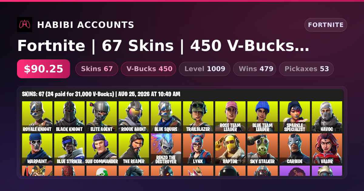 Fortnite | 67 Skins | 450 V-Bucks | Level 1009 | 479 Wins — HabibiAccounts