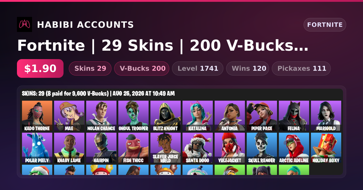 Fortnite | 29 Skins | 200 V-Bucks | Level 1741 | 120 Wins — HabibiAccounts