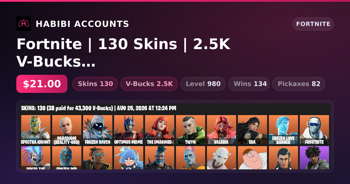 Fortnite | 130 Skins | 2.5K V-Bucks | Level 980 | 134 Wins — HabibiAccounts