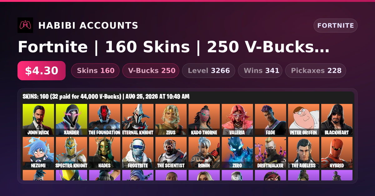 Fortnite | 160 Skins | 250 V-Bucks | Level 3266 | 341 Wins — HabibiAccounts
