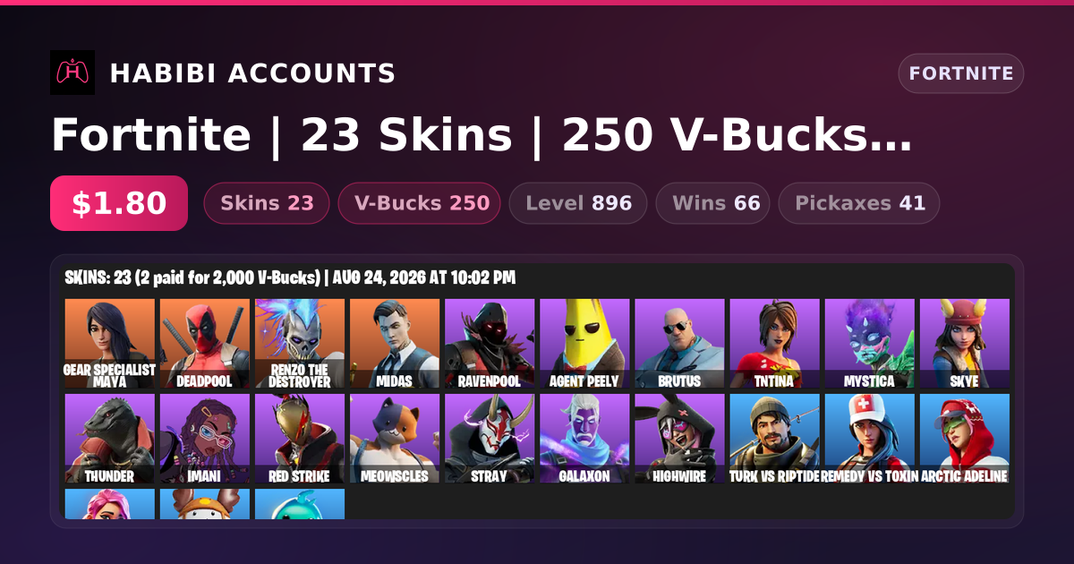 Fortnite | 23 Skins | 250 V-Bucks | Level 896 | 66 Wins — HabibiAccounts