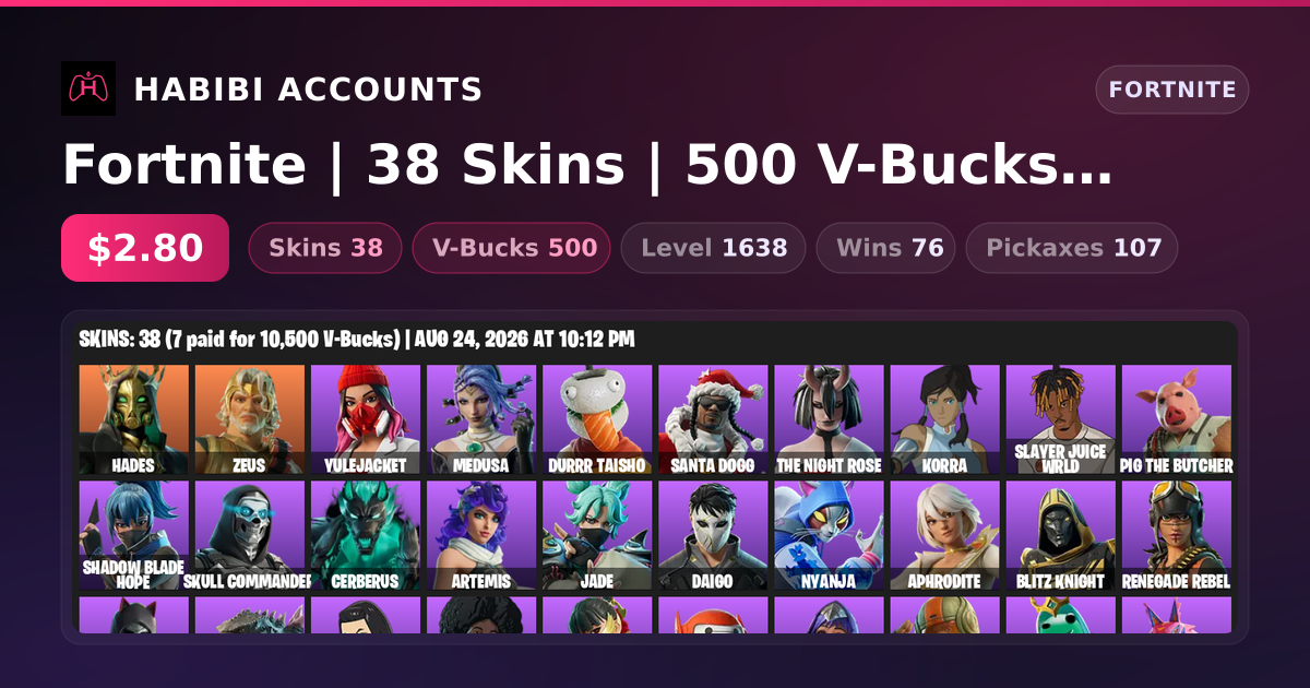 Fortnite | 38 Skins | 500 V-Bucks | Level 1638 | 76 Wins — HabibiAccounts