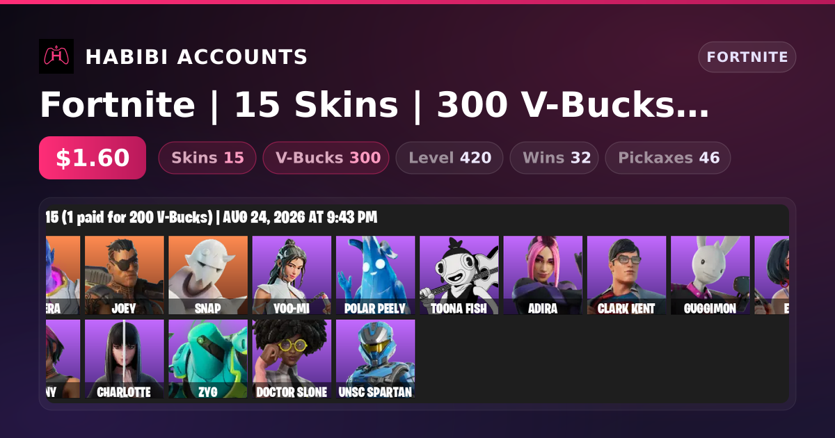 Fortnite | 15 Skins | 300 V-Bucks | Level 420 | 32 Wins — HabibiAccounts