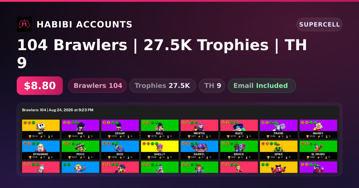 104 Brawlers | 27.5K Trophies | TH 9 — HabibiAccounts