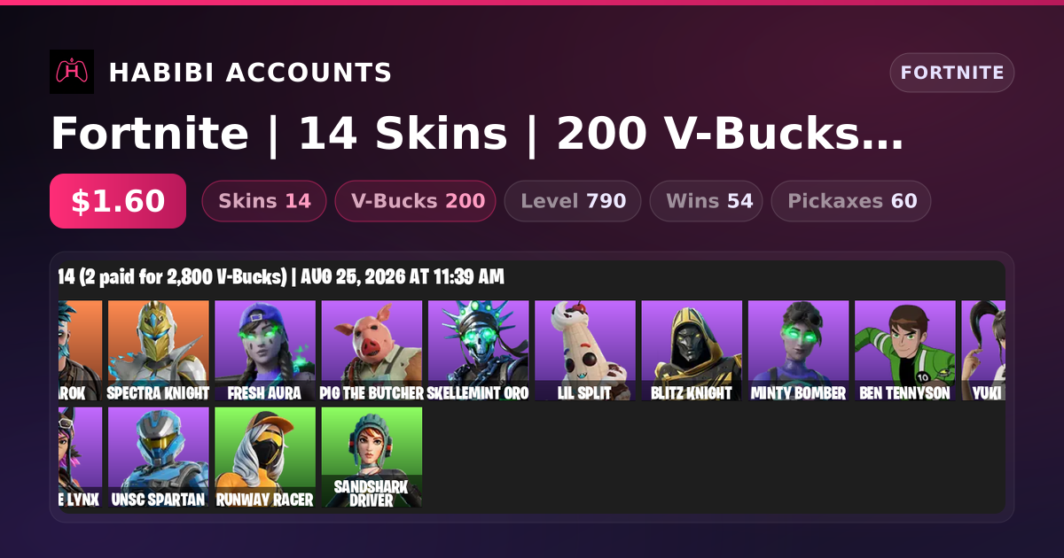 Fortnite | 14 Skins | 200 V-Bucks | Level 790 | 54 Wins — HabibiAccounts