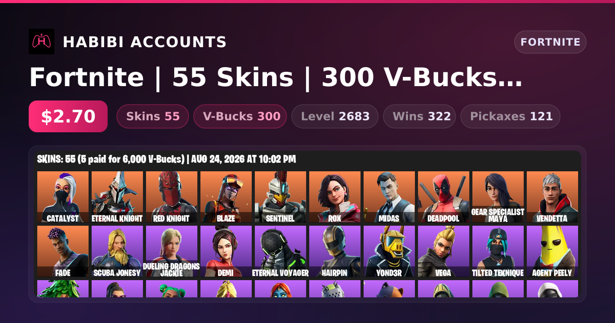 Fortnite | 55 Skins | 300 V-Bucks | Level 2683 | 322 Wins — HabibiAccounts