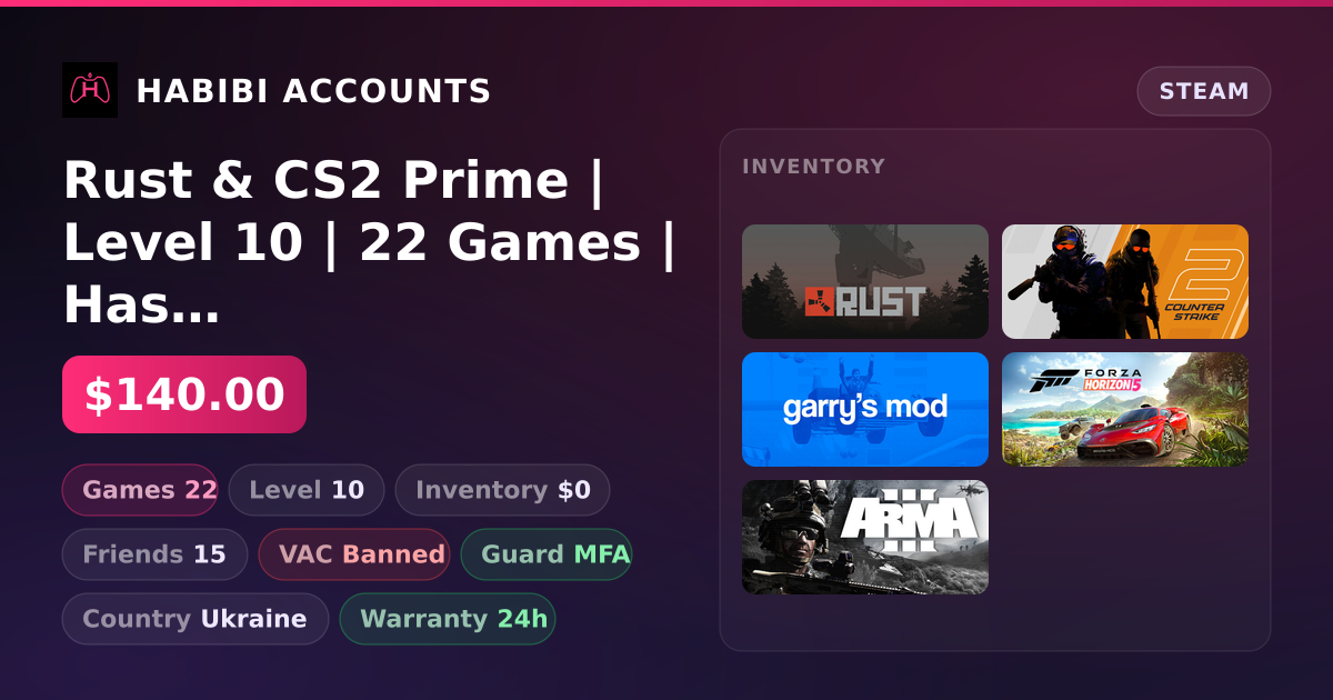 Rust & CS2 Prime | Level 10 | 22 Games | Has VAC — HabibiAccounts