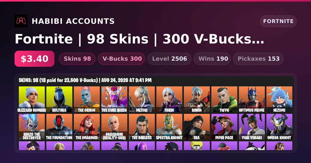 Fortnite | 98 Skins | 300 V-Bucks | Level 2506 | 190 Wins — HabibiAccounts