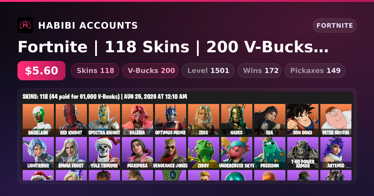 Fortnite | 118 Skins | 200 V-Bucks | Level 1501 | 172 Wins — HabibiAccounts