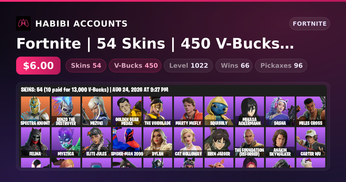 Fortnite | 54 Skins | 450 V-Bucks | Level 1022 | 66 Wins — HabibiAccounts