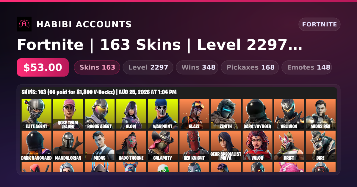 Fortnite | 163 Skins | Level 2297 | 348 Wins — HabibiAccounts