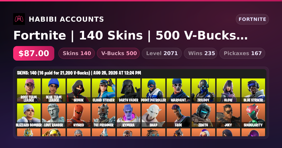 Fortnite | 140 Skins | 500 V-Bucks | Level 2071 | 235 Wins — HabibiAccounts